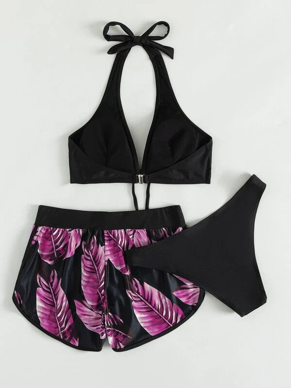 Dames Zomerbadpak Driedelige Set met Tropische Prints