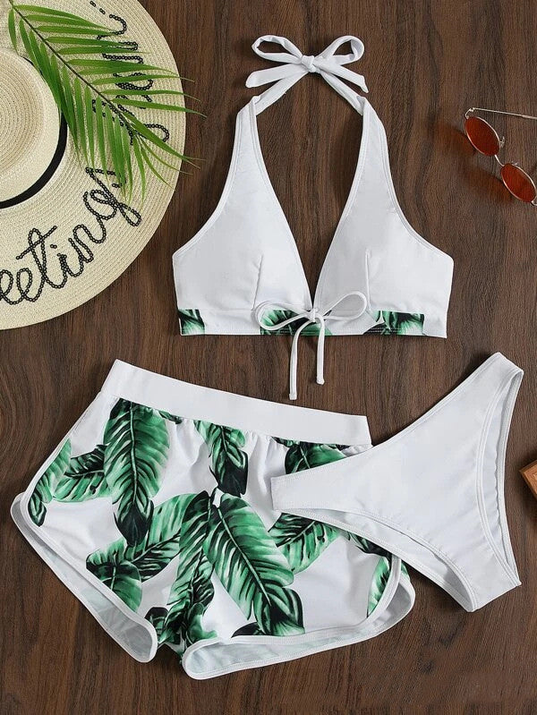 Dames Zomerbadpak Driedelige Set met Tropische Prints