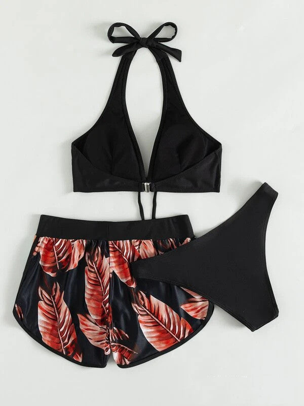 Dames Zomerbadpak Driedelige Set met Tropische Prints