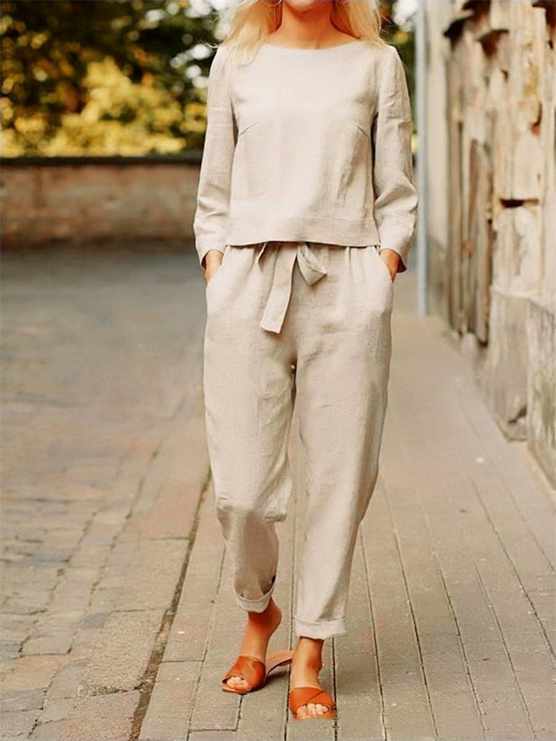 Dames Zomer Linnen Lange Mouwen en Strikdetail Broek Tweedelige Set