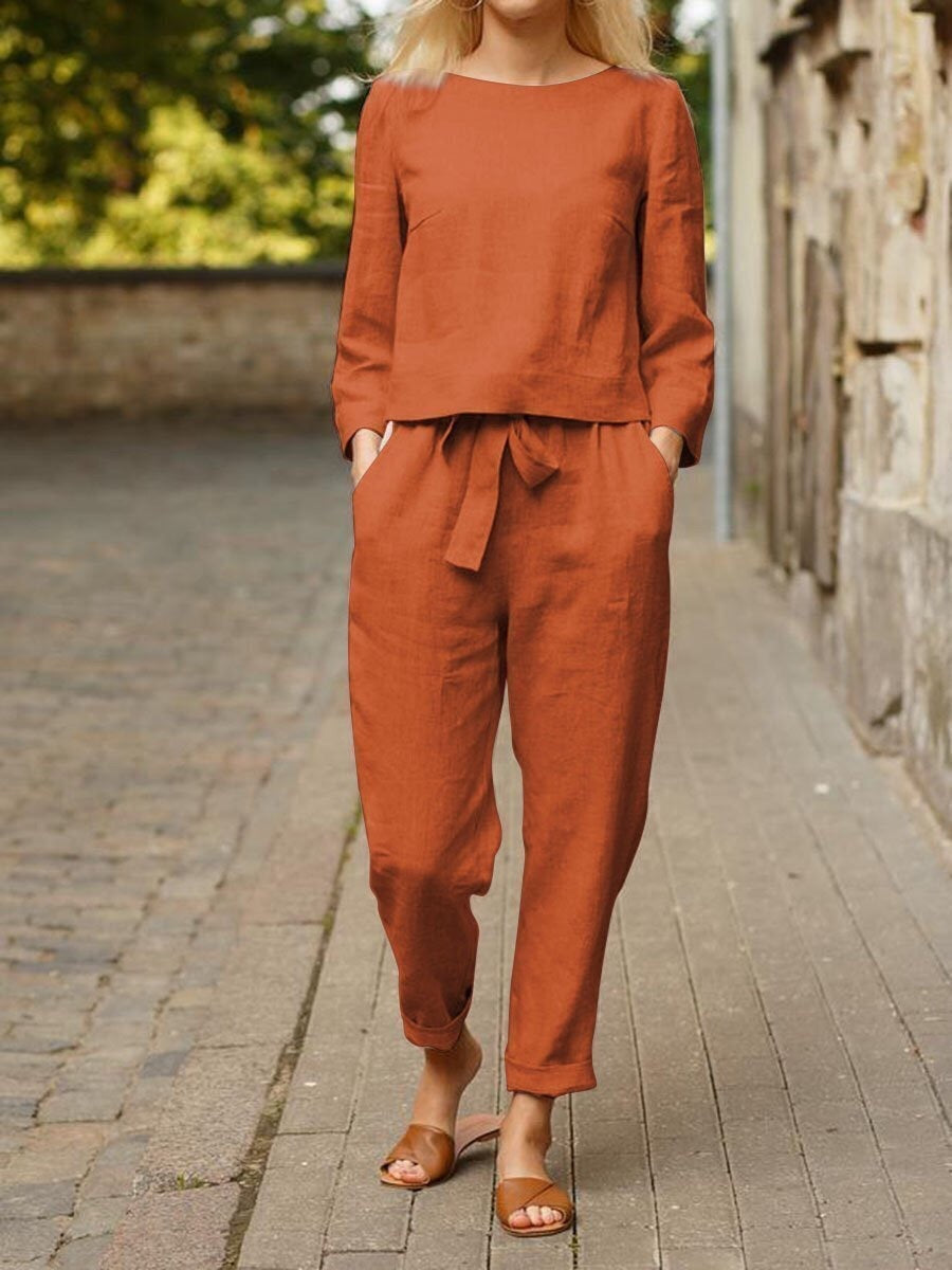 Dames Zomer Linnen Lange Mouwen en Strikdetail Broek Tweedelige Set