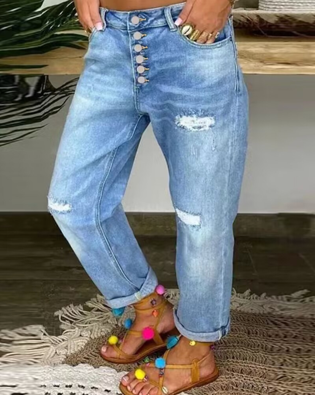Dames Spijker Scheuren Broek met Knoopsluiting en Omgeslagen Zoom