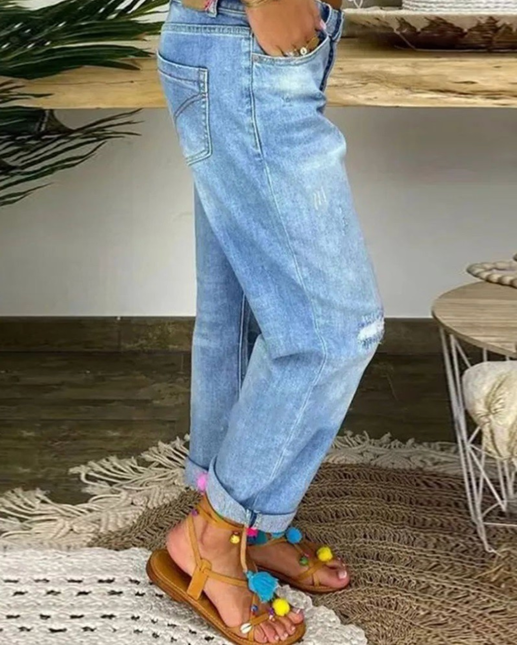 Dames Spijker Scheuren Broek met Knoopsluiting en Omgeslagen Zoom