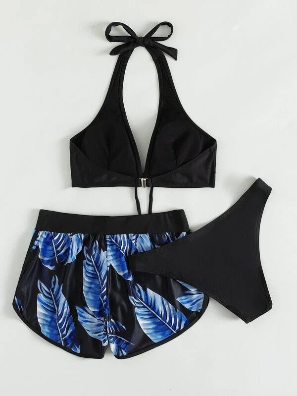 Dames Zomerbadpak Driedelige Set met Tropische Prints