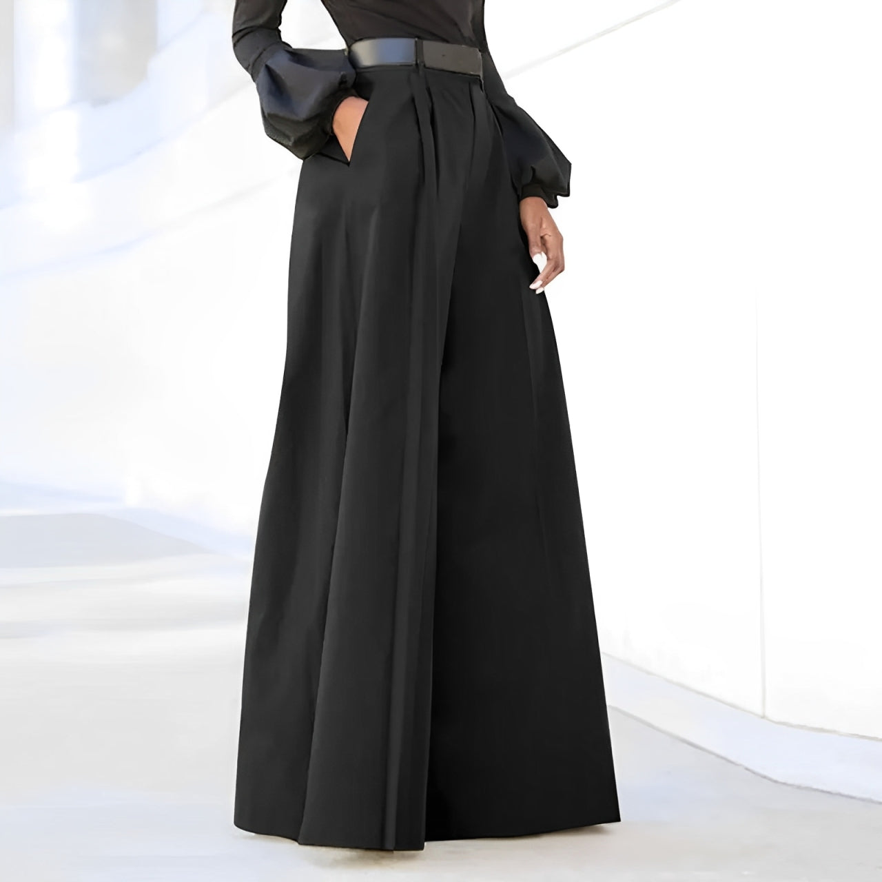 Dames All Season Wijde Pijpen Broek met Plooien en Hoge Taille