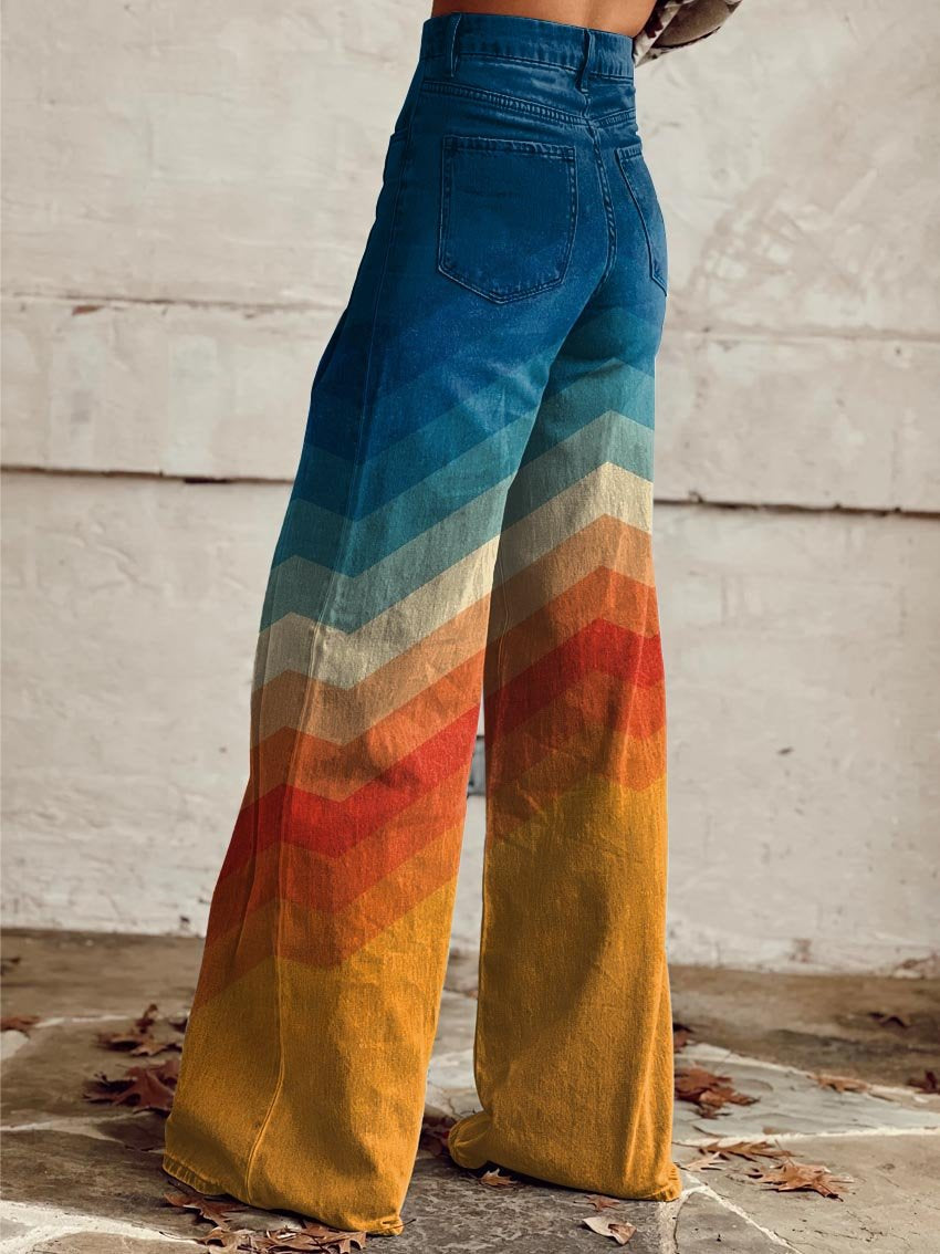 Dames Wijde Retro Broek met Zigzagpatroon en Zakken