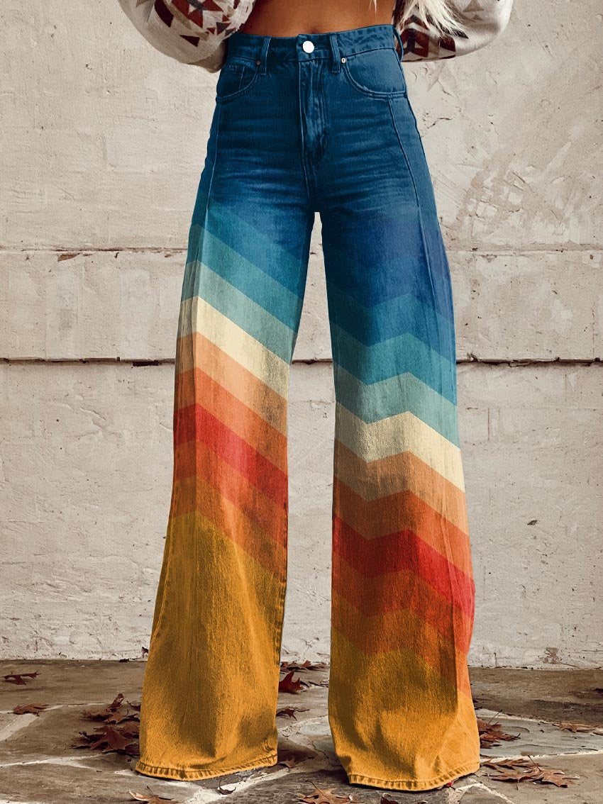 Dames Wijde Retro Broek met Zigzagpatroon en Zakken