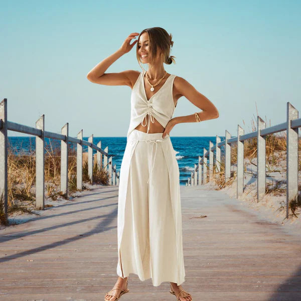 Dames Zomer Tweedelige Set met Top met Trekkoord en Broek